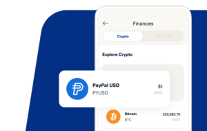 PayPal app Finances screen listing the PayPal USD (PYUSD) stablecoin at $1 next to Bitcoin
