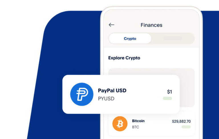 PayPal app Finances screen listing the PayPal USD (PYUSD) stablecoin at $1 next to Bitcoin