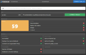 Fidesium risk assessment for the CAW token on Ethereum, scoring 59 across documentation, market, whales and contract