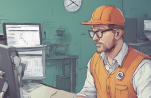 Illustrated engineer in a hard hat and safety vest watching a falling chart on a monitor
