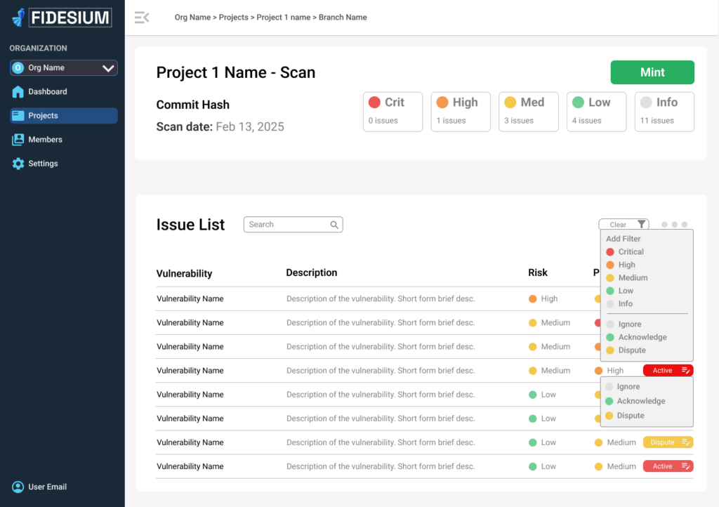 Fidesium dashboard showing a project scan with issues counted by severity and a filterable issue list