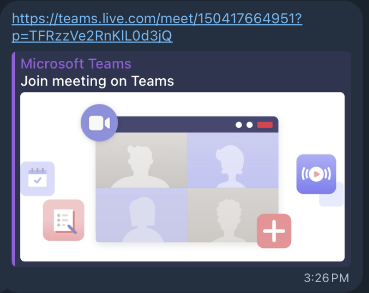Chat message with a teams.live.com link whose preview card looks like a genuine Microsoft Teams meeting invite