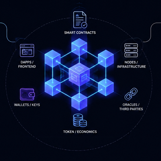 Blockchain attack surface: smart contracts, nodes, oracles, token economics, wallets and dApp frontends
